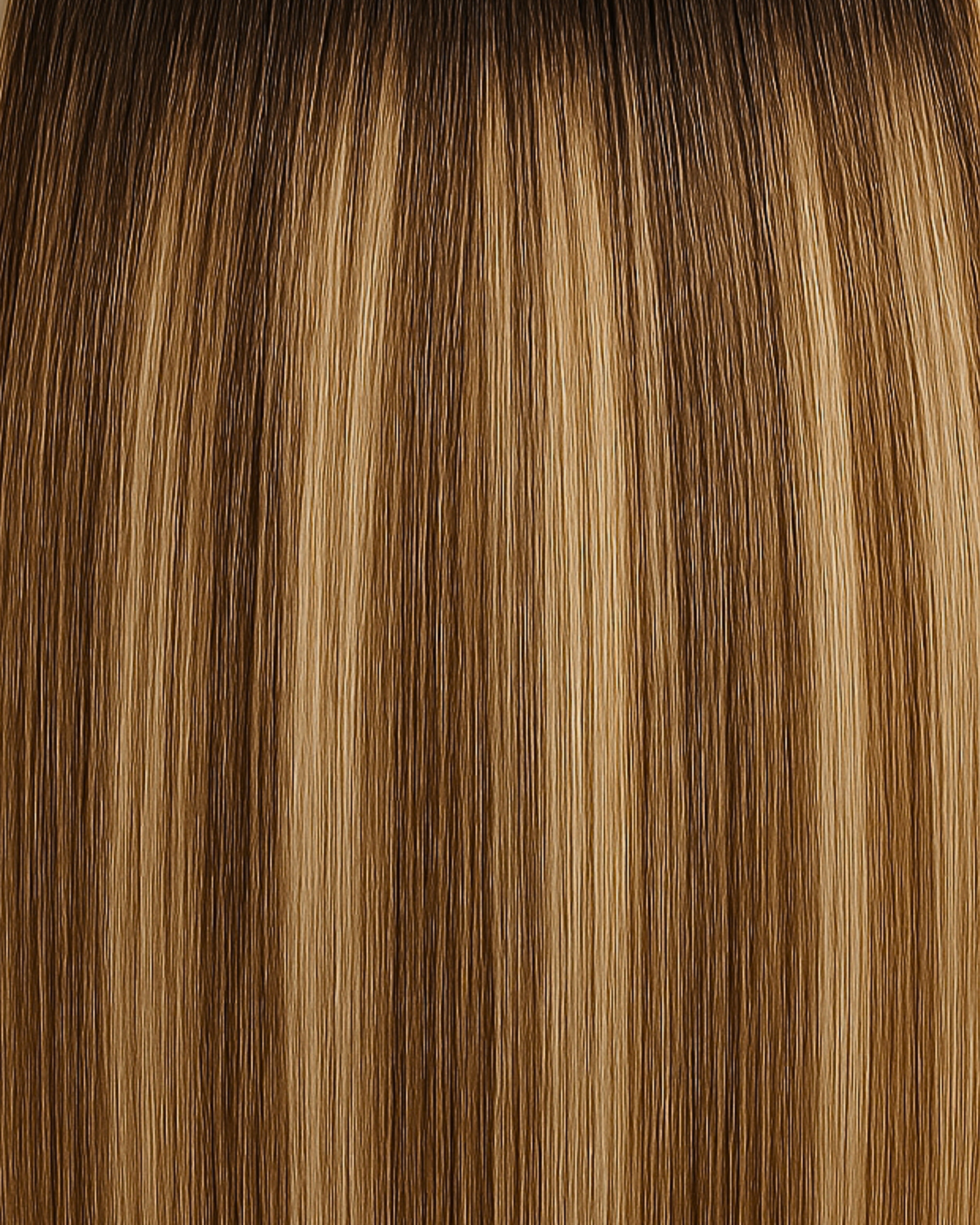 Stitched Hair Ambition Genius Weft™ extensions in chocolate brunette with 8 gold and 6 warm tones and a level 6 root, shown in long smooth strands.