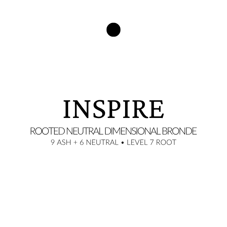 Text 'INSPIRE' with product details on a white background - Rooted neutral bronde Genius Weft™ extensions in 16–24” lengths. Balanced blend of level 9 ash and level 6 neutral tones with a soft level 7 root.