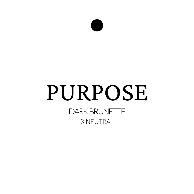 Text 'PURPOSE Dark Brunette 3 Neutral' on a white background. Seam Weft™ extensions in level 3 neutral dark brunette, shown in long smooth strands for professional use.