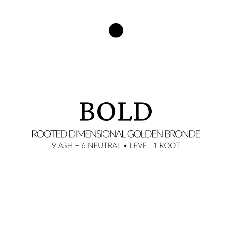 Text label for 'BOLD' hair color with description on a white background extensions in rooted golden bronde with 9 ash, 6 neutral tones, and a level 1 dark root, shown in soft balayage strands.