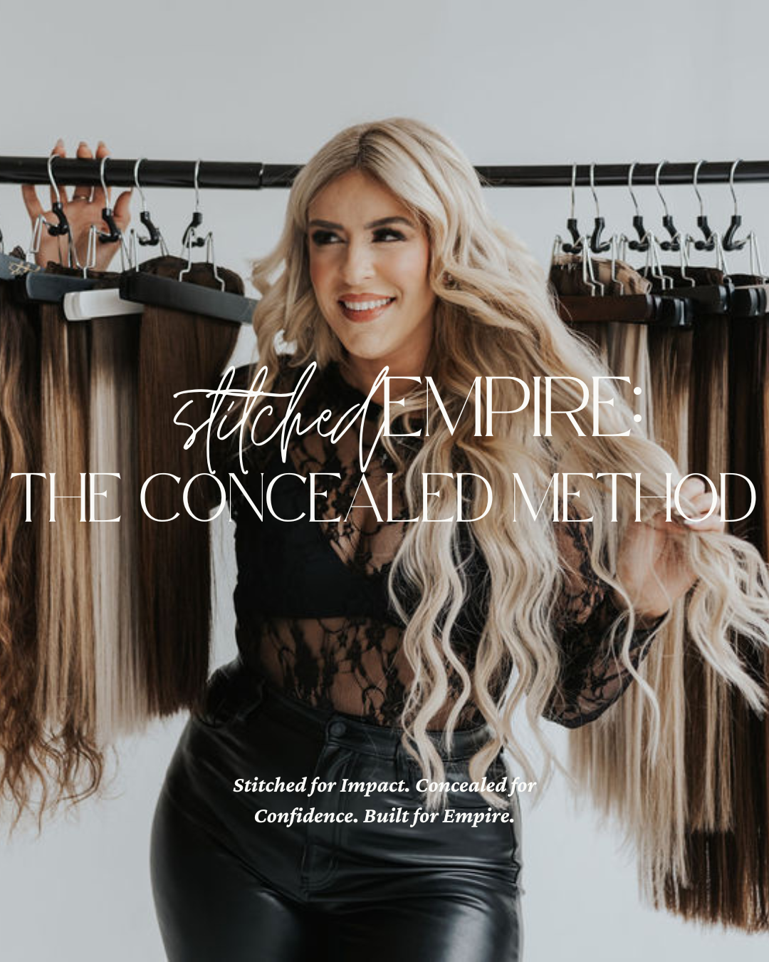 Promotional image for Stitched Empire, featuring a person with long blonde hair holding a selection of hair extensions, with the text 'Stitched Empire: The Concealed Method' overlayed.