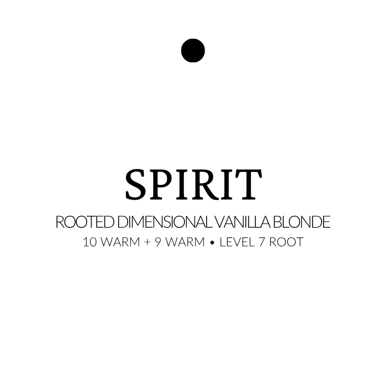 Text label for 'Spirit' hair color with product details on a white background extensions in rooted vanilla blonde with 10 and 9 warm tones and level 7 root, shown in golden dimensional strands.