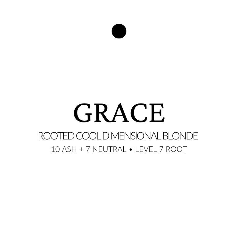 Text label for 'GRACE' hair color description on a white background -Rooted cool blonde Genius Weft™ extensions in 16–24” lengths. Blend of 10 Ash and 7 Neutral with a level 7 root for soft, dimensional contrast.