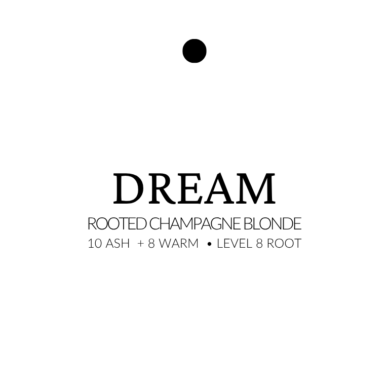 Text label for 'Dream' rooted champagne blonde hair color on a white background. Rooted champagne blonde Genius Weft™ extensions in 16–24” lengths. A soft blend of level 10 ash and level 8 warm tones with a level 8 root for natural brightness.