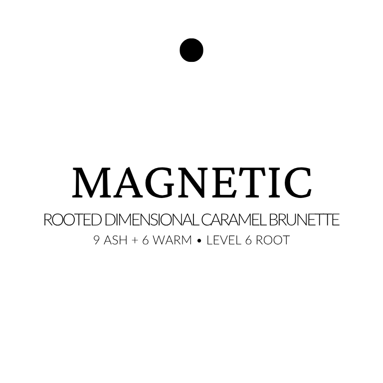 Text on a white background describing a hair color formula with the brand 'Magnetic'. Rooted Dimensional Caramel Brunette | 9 Ash & 6 Warm with level 6 Root
