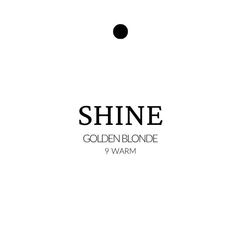 Text 'SHINE GOLDEN BLONDE 9 WARM' on a white background extensions in golden blonde with level 9 warm tone, shown in soft, radiant strands.