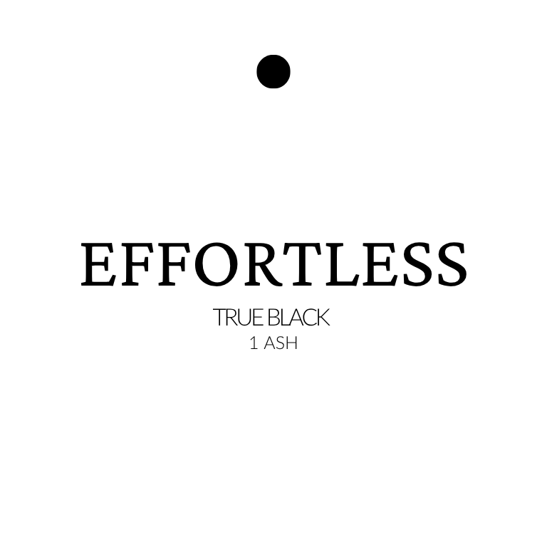 Text 'EFFORTLESS TRUE BLACK 1 ASH' on a white background extensions in true black with 1 ash tone, shown in ultra-deep, sleek strands.