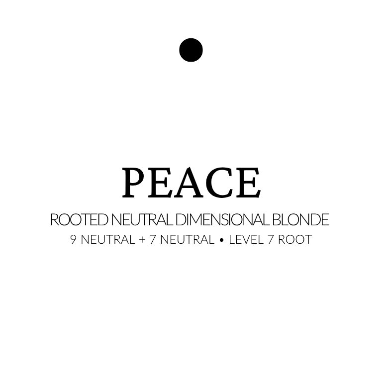 Text 'PEACE' with additional description on a white background extensions in dimensional blonde with 9 neutral and 7 neutral tones and level 7 root, shown in smooth, cool-toned strands.