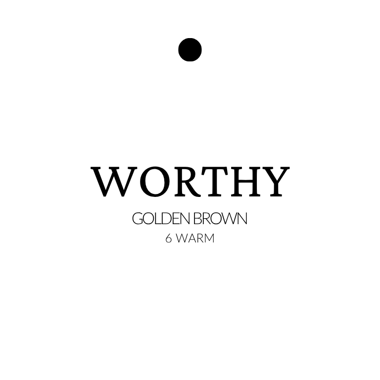 Text 'WORTHY' with color description 'GOLDEN BROWN 6 WARM' on a white background extensions in golden brown with level 6 warm tone, shown in smooth, rich brunette strands.