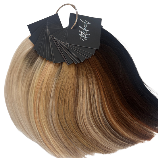 Compact Stitched Hair swatch ring featuring Seam Weft™ hair extension shades in a short, travel-friendly format for color matching.