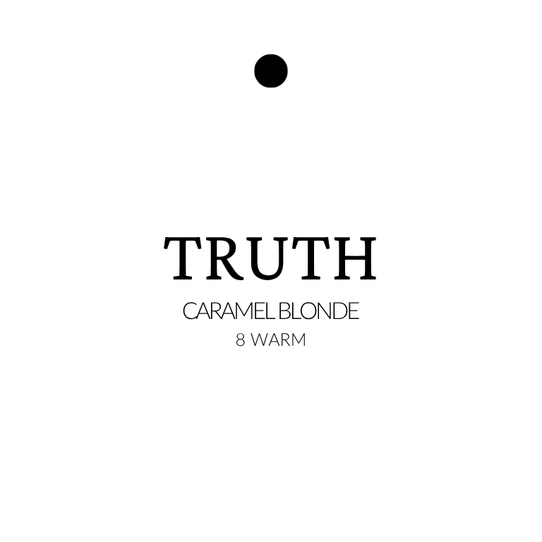 Text 'TRUTH Caramel Blonde 8 Warm' on a white background. extensions in level 8 warm caramel blonde, shown in long straight strands with golden dimension.