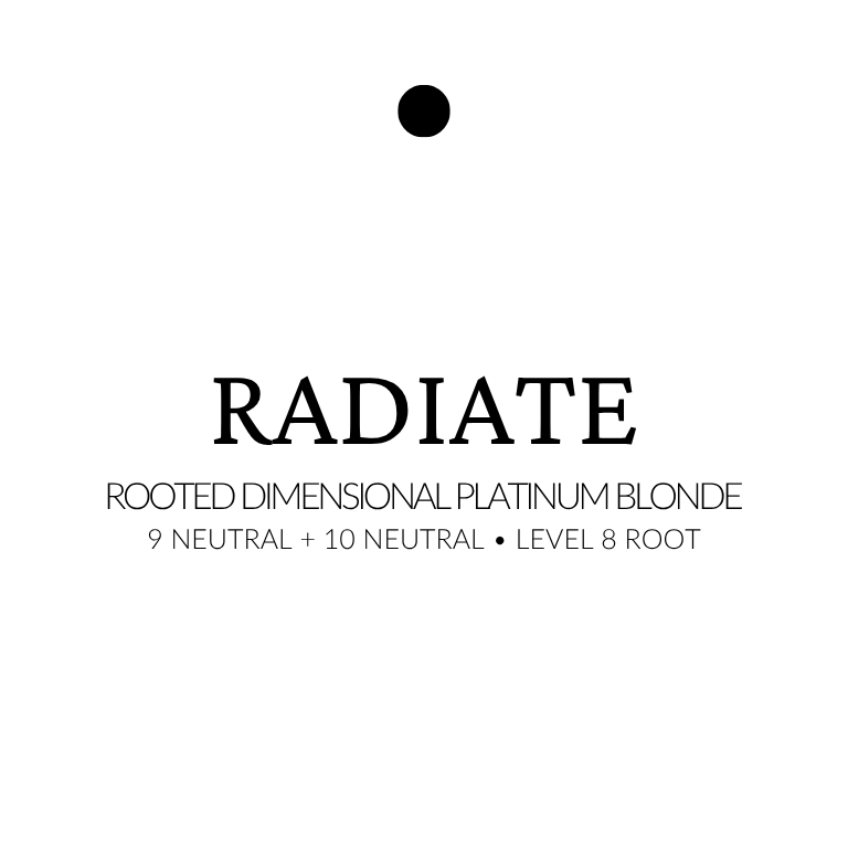 Text 'Radiate' with product details on a white background extensions in rooted platinum blonde with 9 and 10 neutral tones and level 8 root, shown in bright cool-toned strands.