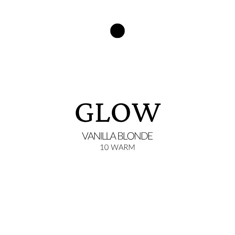 Text 'GLOW Vanilla Blonde 10 Warm' on a white background extensions in vanilla blonde with level 10 warm tone, shown in soft golden straight strands.