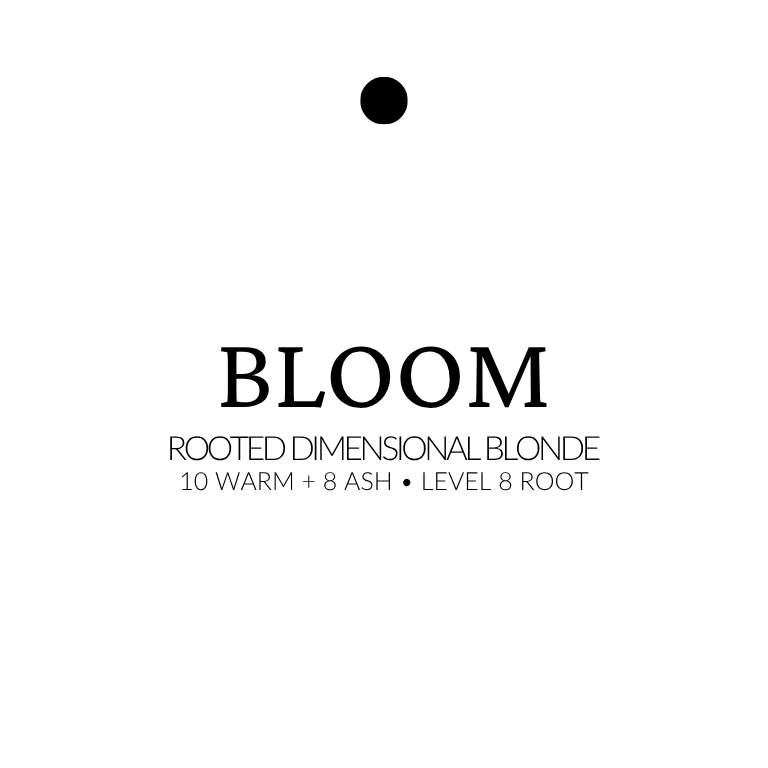 Product label for 'Bloom' rooted dimensional blonde hair color on a white background. Rooted dimensional blonde Genius Weft™ extensions. 10 Warm + 8 Ash with a Level 8 root. Natural-looking blonde in 16–24” lengths.
