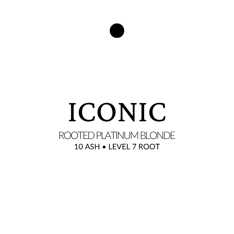 Text indicating 'Iconic Rooted Platinum Blonde' with color and root information on a white background extensions in rooted platinum blonde with 10 ash tone and level 7 root, shown in sleek, icy strands.