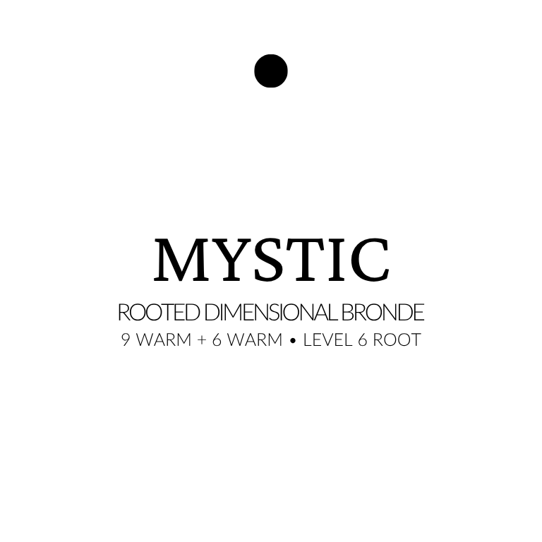 Text 'MYSTIC' with additional details on a white background extensions in rooted dimensional bronde with warm 9 and 6 blend and level 6 root, shown in sleek highlighted strands.