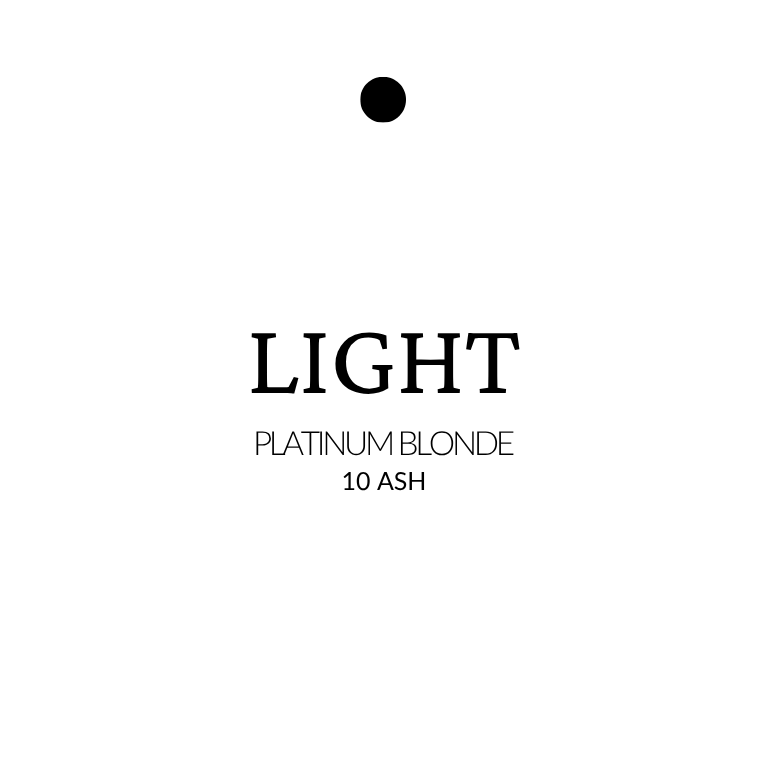 Text indicating 'Light Platinum Blonde 10 Ash' on a white background extensions in platinum blonde with 10 ash undertones, shown in straight cool-toned strands.