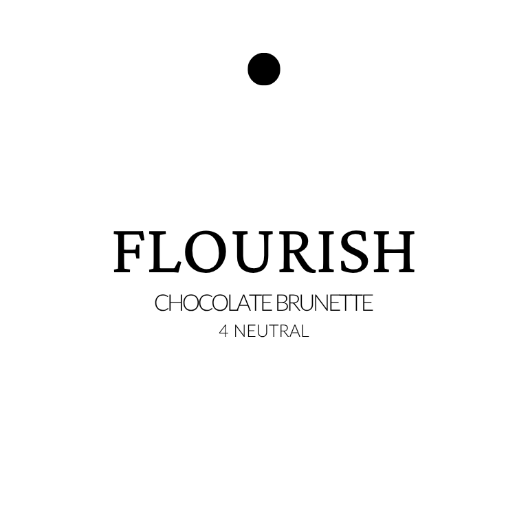 Text 'FLOURISH CHOCOLATE BRUNETTE 4 NEUTRAL' on a white background extensions in chocolate brunette with 4 neutral tone, shown in long, smooth, deep brown strands.