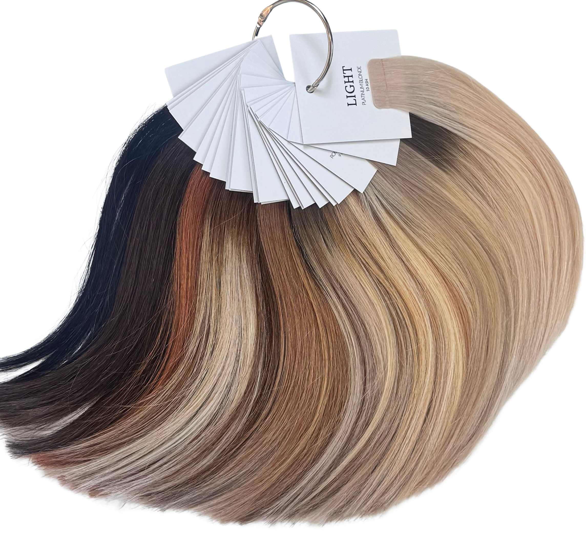Hair color swatches with a gradient from black to brown on a white background