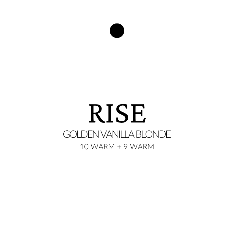 Text indicating 'RISE' with color description 'GOLDEN VANILLA BLONDE' on a white background. golden vanilla blonde with 10 warm and 9 warm blend, shown in smooth straight strands.