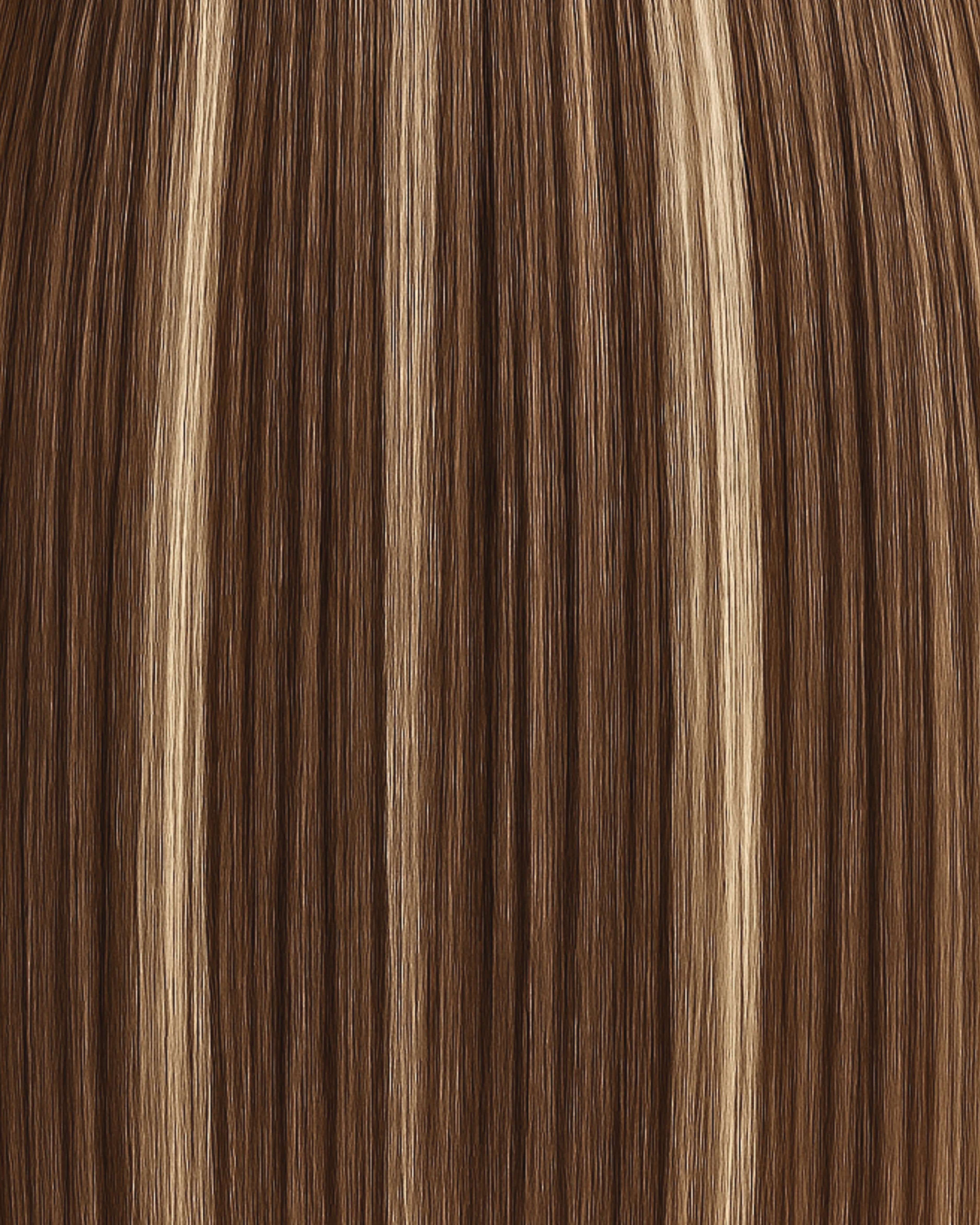 Stitched Hair Magnetic Seam Weft™ hair extensions in rooted caramel brunette with 9 ash + 6 warm tones and level 6 root, shown in long straight strands.